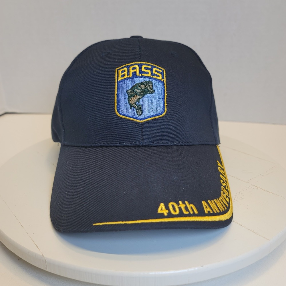 Bass 40th Anniversary Hat 1968 to 2008 Adjustable Leather Strap Navy Blue
